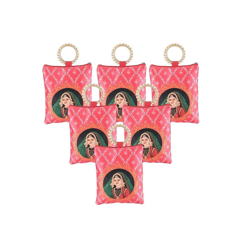 Kuber Industries 6 Pieces Maharani Printed Silk Zip & Handle Clutches