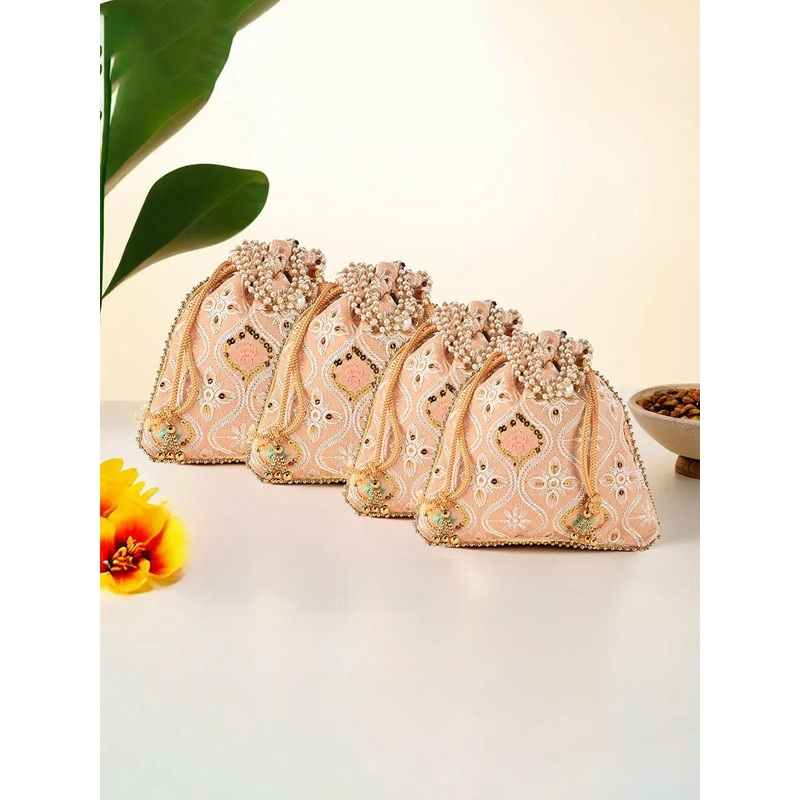 Kuber Industries Set Of 4 Floral Embroidered Pearls Studded Potli Clutchs