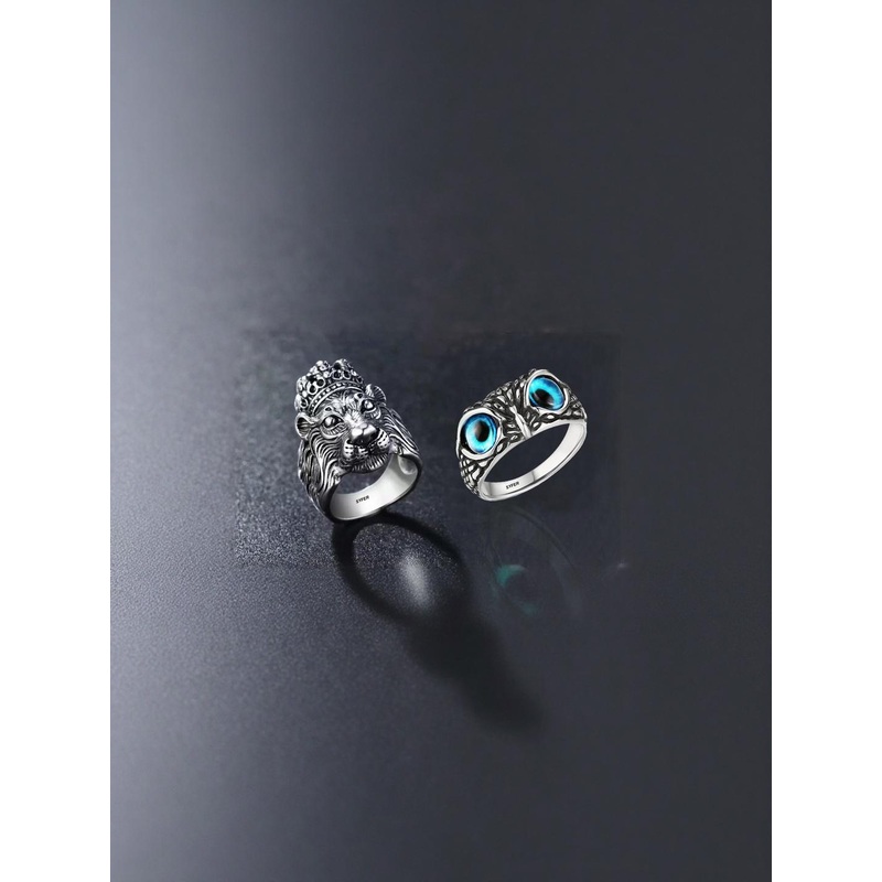 Teeragaj Set Of 2 Stone-Studded Stainless Steel Lion & Owl Finger Rings