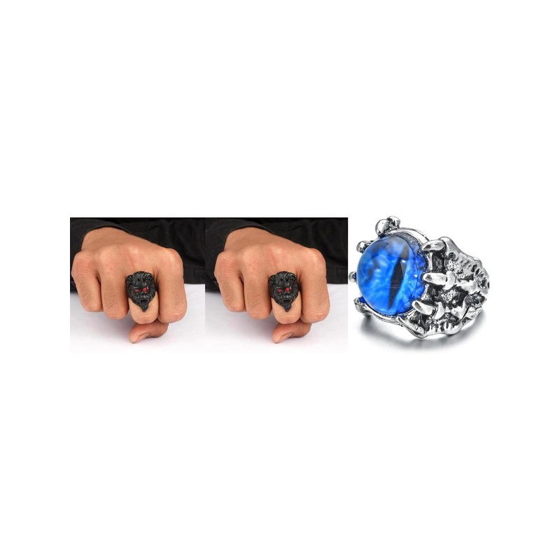 Teeragaj Set Of 3 Stainless Steel Lion Face & Eye Finger Rings