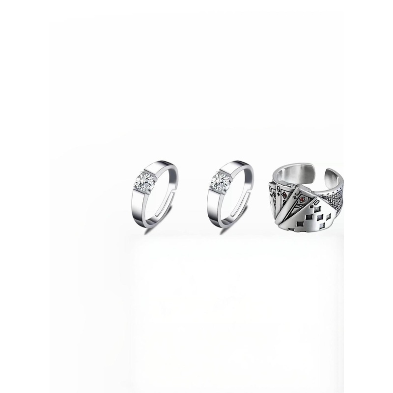 Teeragaj Set Of 3 Stone-Studded & Playing Cards Textured Details Adjustable Finger Rings