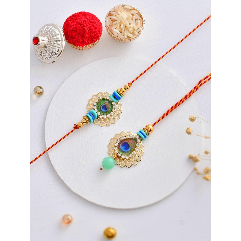 Aapno Rajasthan Beautiful Morpankh Metal Cut Bhaiya Bhabhi Thread Rakhi Set