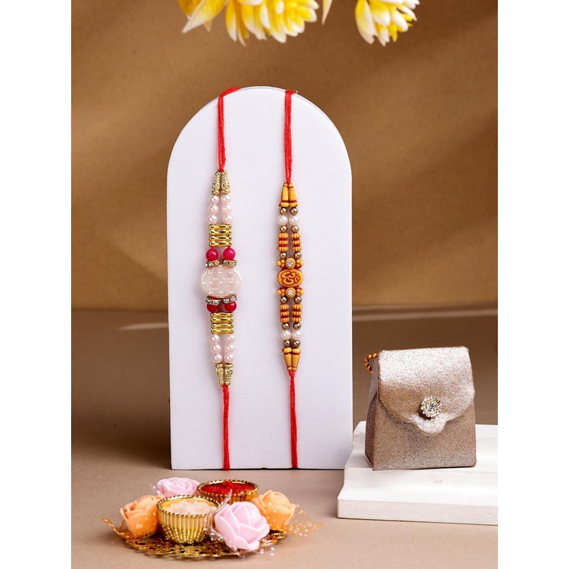 ADIVA Set Of 2 Swastika Cubic Zirconia Studded Rakhi With Pooja Thali Roli Chawal Gift Set