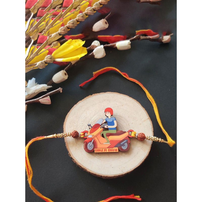 Bhai Please Biker Rudraksha Beaded Wooden Thread Rakhi