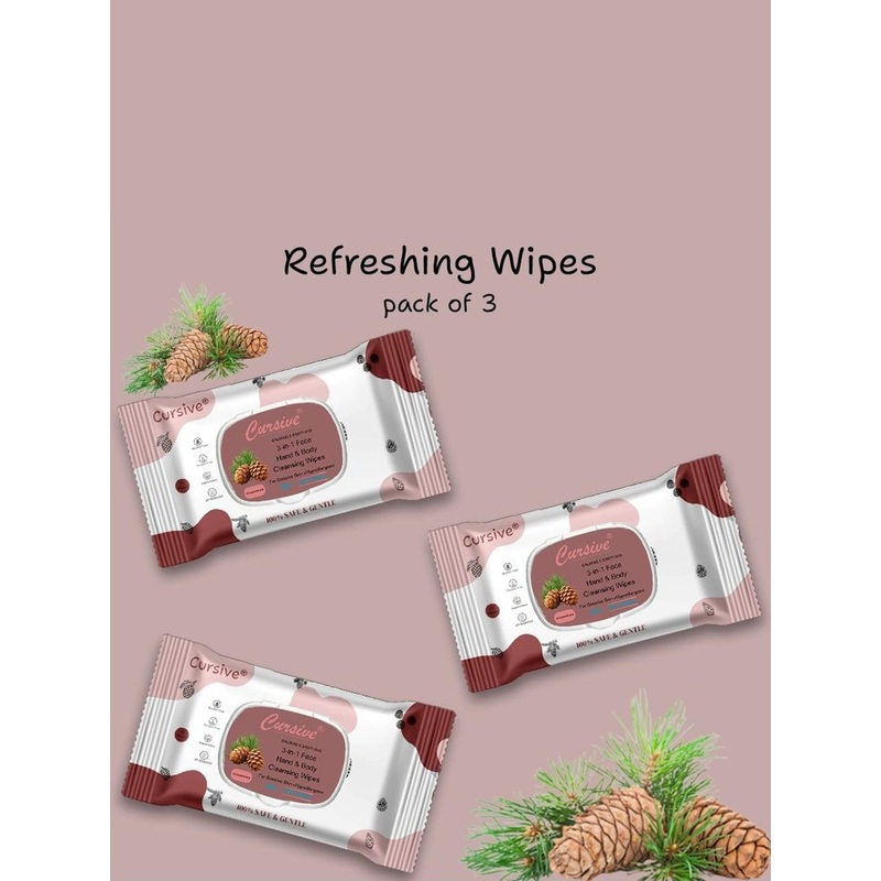 CURSIVE Set Of 3 Refreshing Cedarwood 3-In-1 Hand Body & Face Wet Wipes – 25 Pulls Each