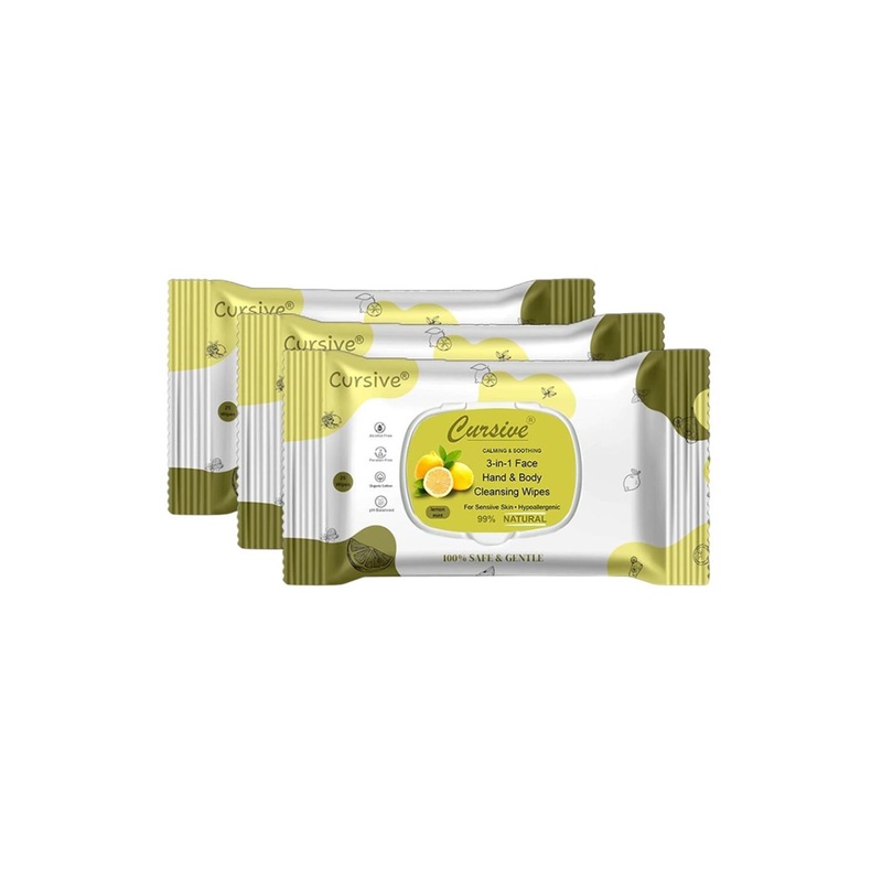 CURSIVE Set Of 3 Refreshing Lemon Mint 3-In-1 Hand Body & Face Wet Wipes – 25 Pulls Each