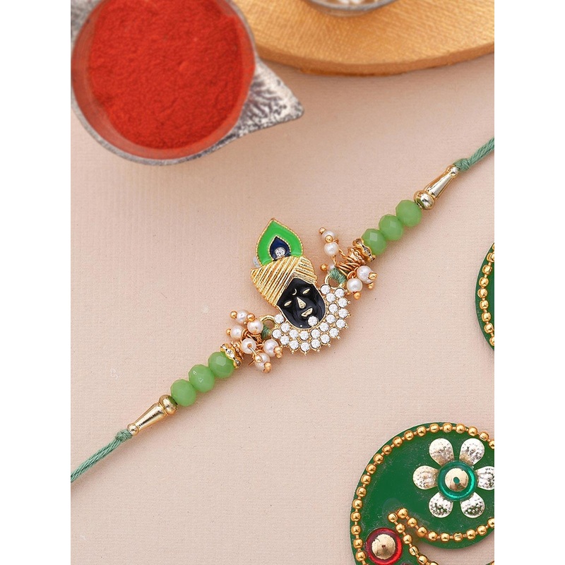 Dare by Voylla Men Gold-Toned & White Stone Studded & Beaded Lord Krishna Rakhi
