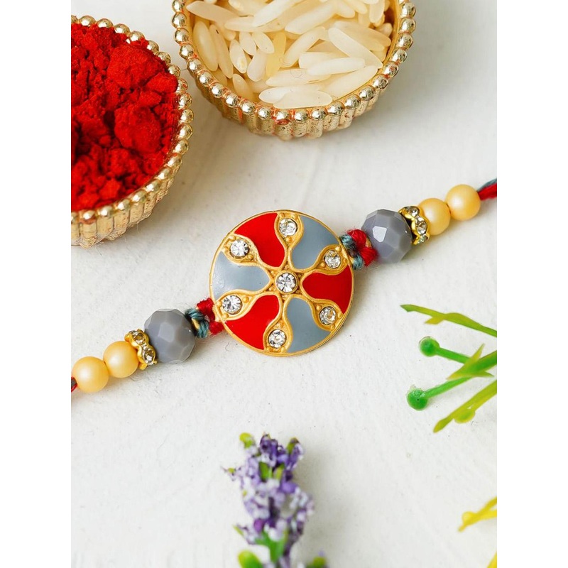 eCraftIndia Artfificial Stones Studded And Beaded Rakhi With Roli Chawal