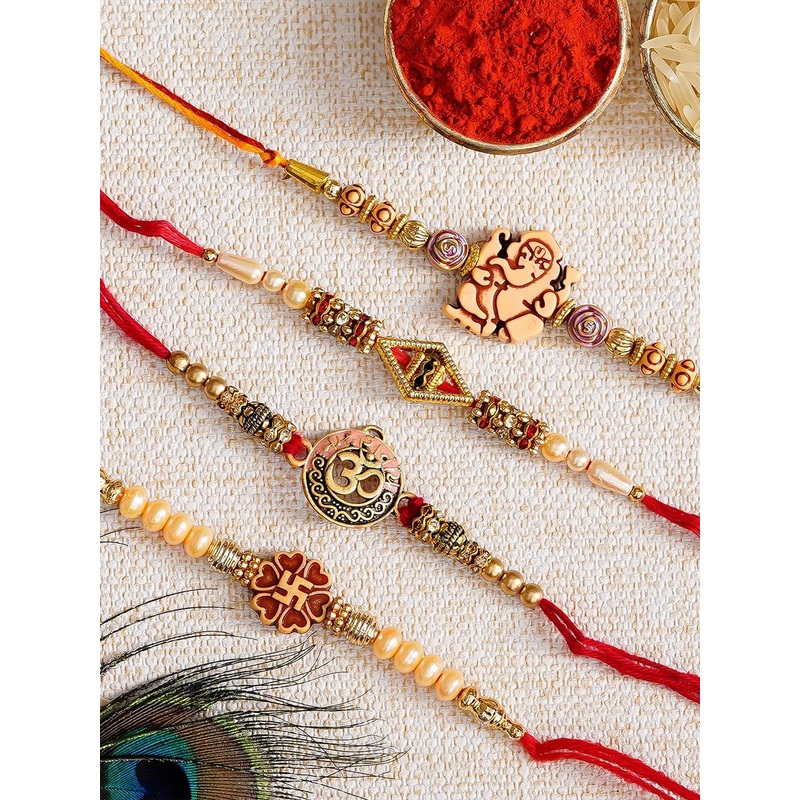 eCraftIndia Set of 4 Rakhi Gift Set with Roli Chawal Pack