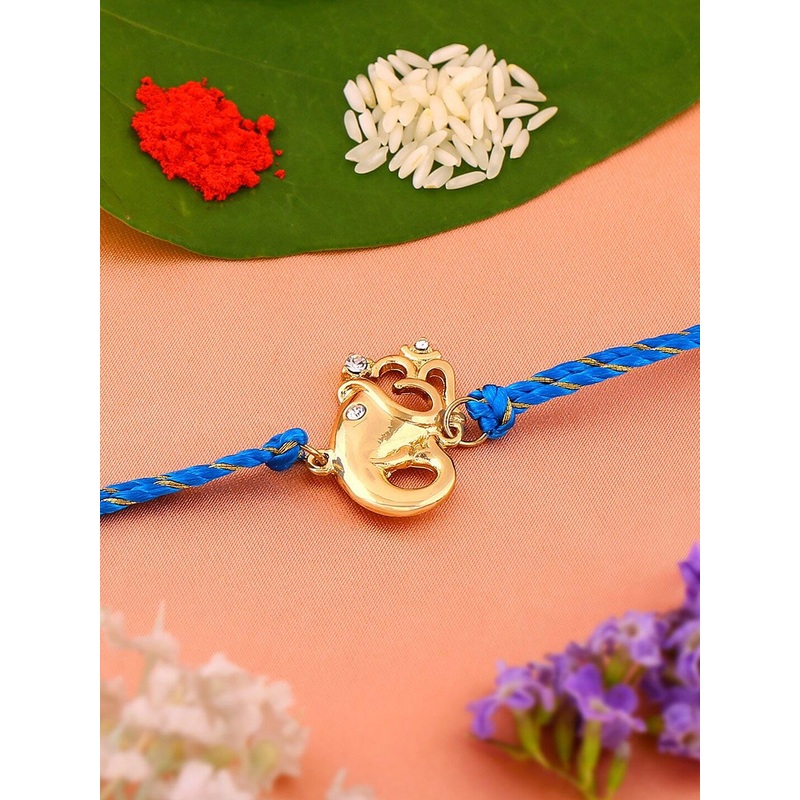 Estele Gold-Plated Zircon-Studded & Beaded Ganesh & Om Charm Rakhi