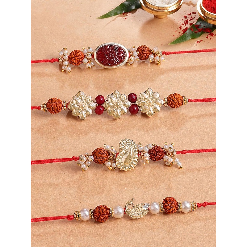 KARATCART Set Of 4 Carved Stone and Rudraksha Kundan Rakhi for Brother with Roli & Chawal