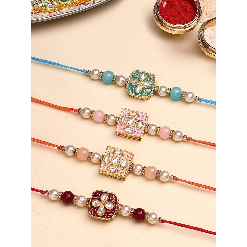 KARATCART Set Of 4 Floral Design Enamel Kundan Thread Rakhi for Brother with Roli & Chawal