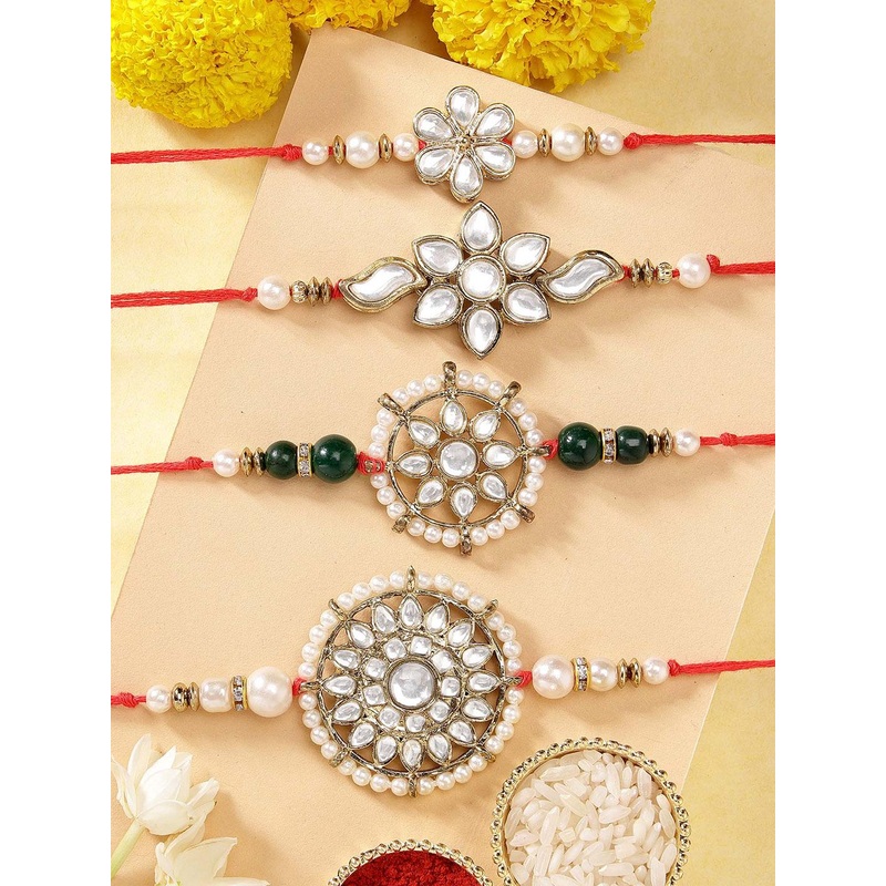 KARATCART Set of 4 Gold Plated Handmade Kundan Rakhi