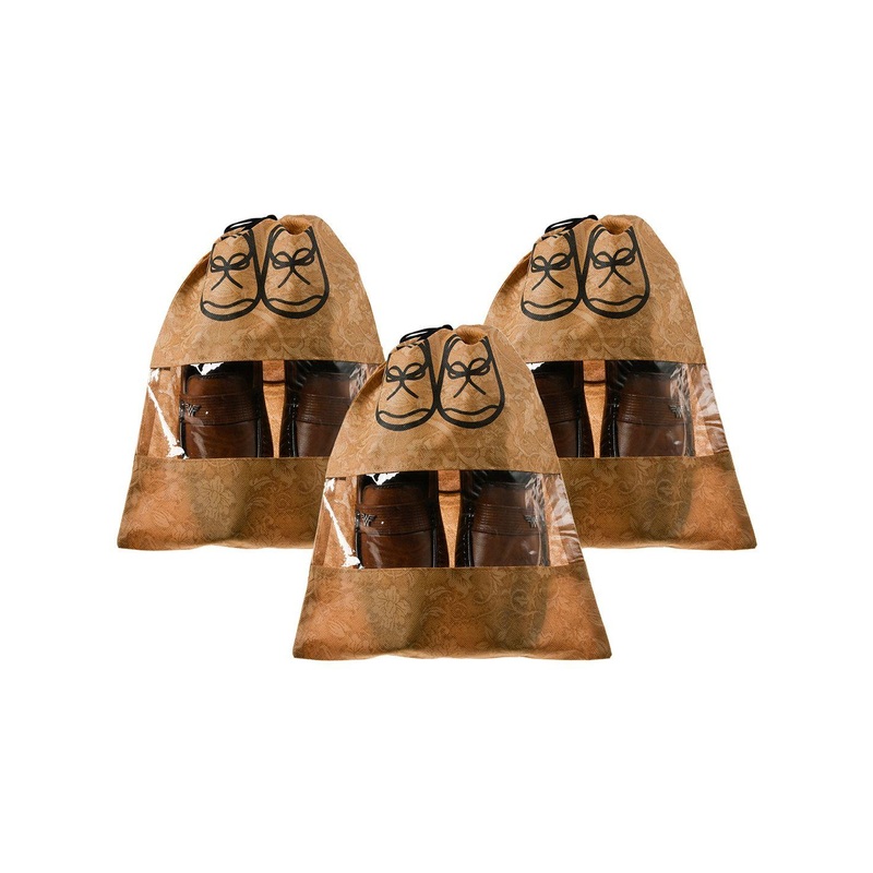 Kuber Industries Beige Set of 3 Transparent Front Drawstring Shoe Cover