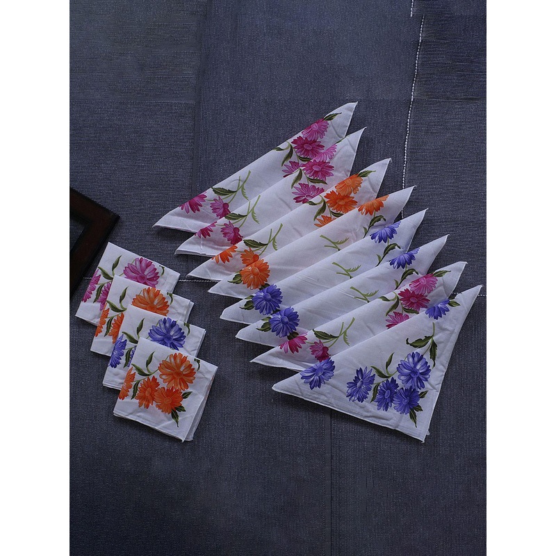 Kuber Industries Women & Girls Set Of 12 White Sunflower Print Soft Cotton Hankies