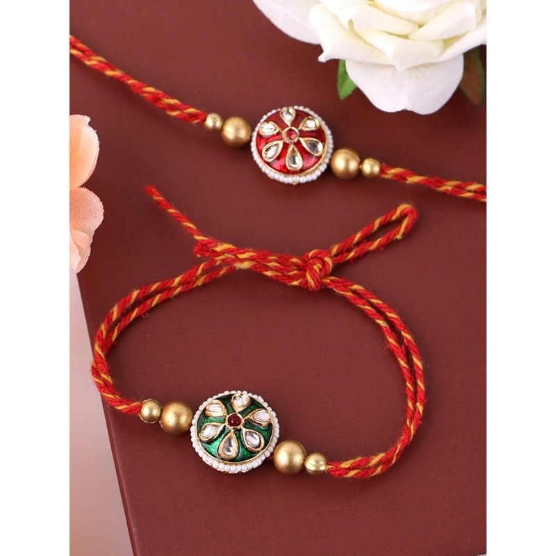 PANASH- Gold Plated Set Of 2 Floral Shaped Thread Rakhis With Roli Chawal