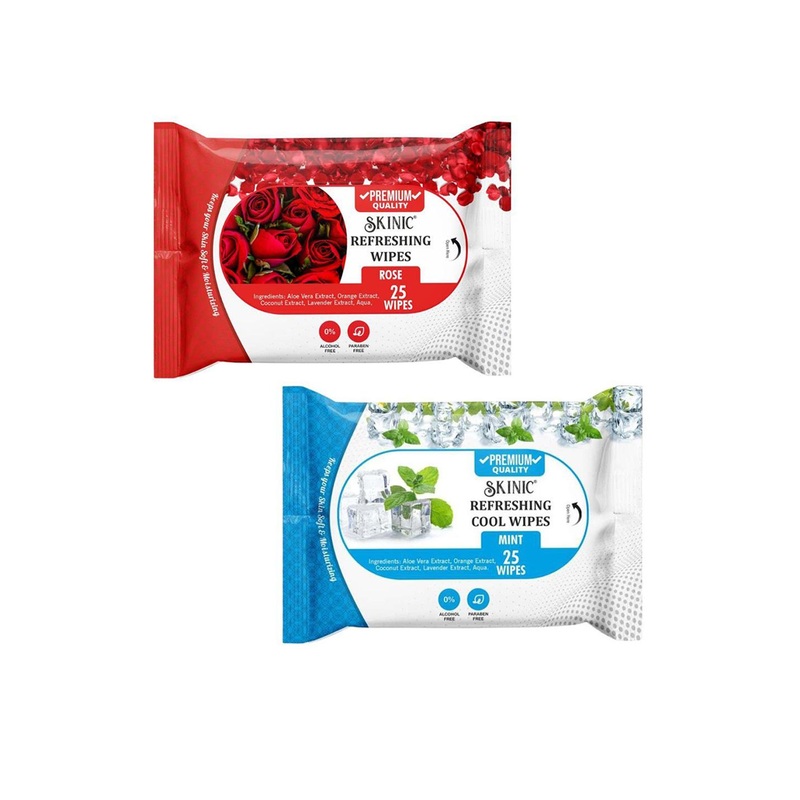 SKINIC Set Of 2 Refreshing Rose & Mint Wet Wipes – 25 Pulls Each