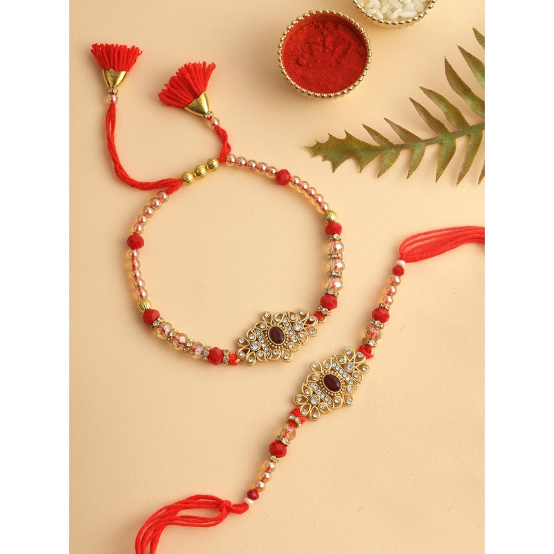 TIED RIBBONS Set of 2 Kundan Bracelet Bhaiya Bhabhi Rakhi with Roli Chawal