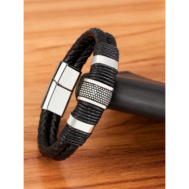 Vientiq Men Leather Magnetic Clasps Wraparound Bracelet
