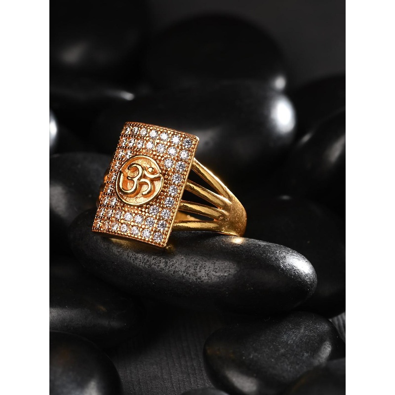 AanyaCentric Men Gold Plated American Diamond Finger Ring