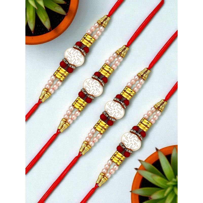 ADIVA Set Of 4 Swastika Beaded Thread Rakhis With Roli Chawal Chandan & Meshrei Card