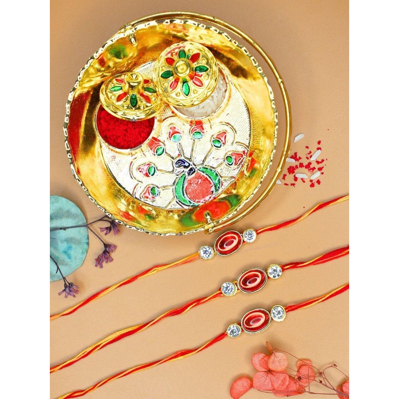 Anouk Set Of 3 Stone Studded Rakhi & Greeting Card With Pooja Thali
