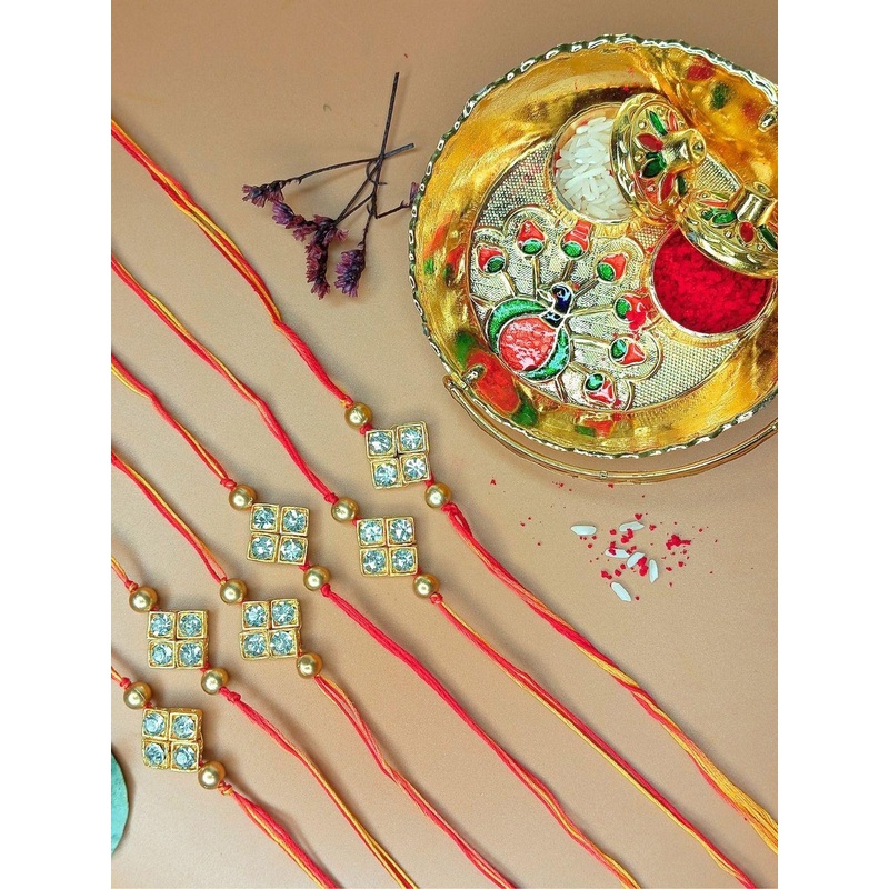 Anouk Set Of 6 Diamond Studded And Beaded Thread Rakhis With Card, Kumkum & Thali
