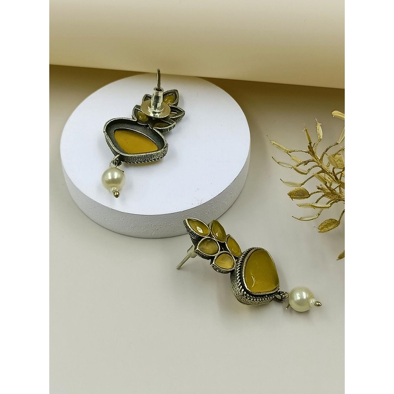 BLACKBOX Artificial Stone Studded Oxidised Feather Style Drop Earring