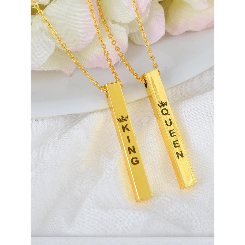DZINETRENDZ Gold-Plated Bar shape King & Queen Fashion Pendants with Chains