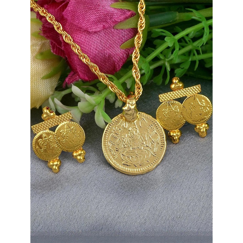 DZINETRENDZ Gold Plated Lakshmi Pendant with Matching Earrings