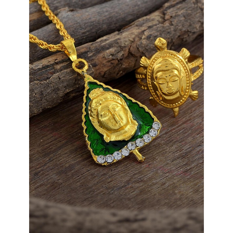 DZINETRENDZ Gold-Plated Lord Buddha Brass Necklace and Finger Ring