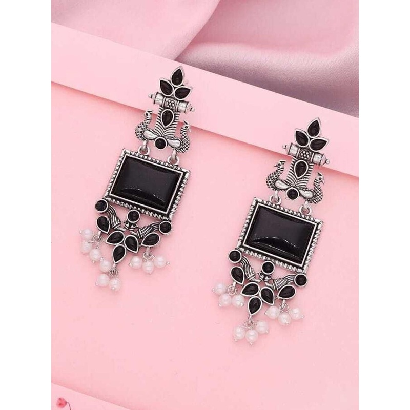 HHJEWELRY Artificial Stones Studded And Pearls Beaded Oxidized Rectangular Drop Earrings