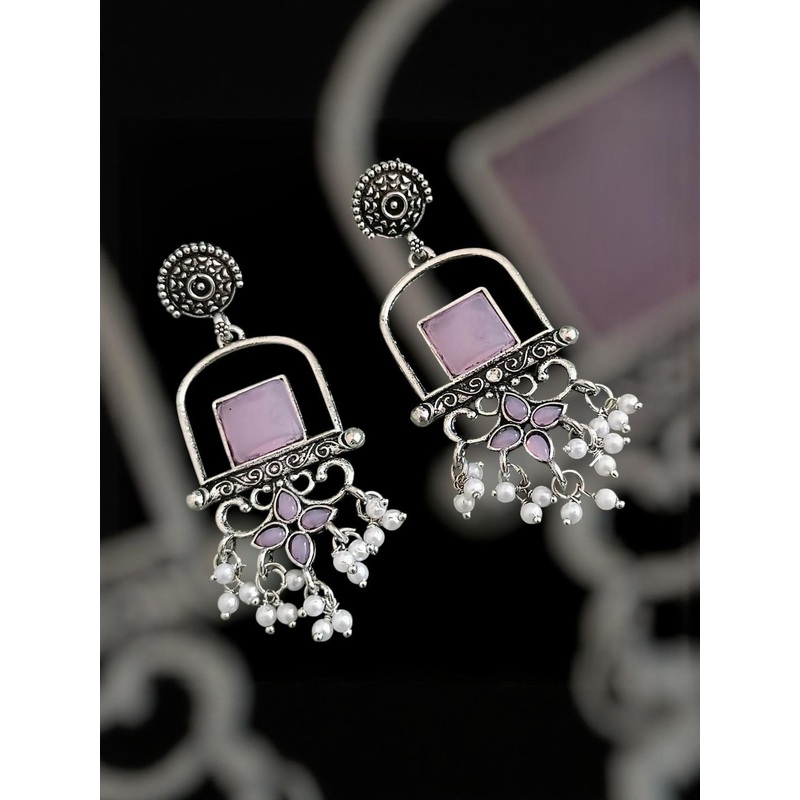HHJEWELRY Artificial Stones Studded And Pearls Beaded Oxidized Square Shaped Drop Earrings