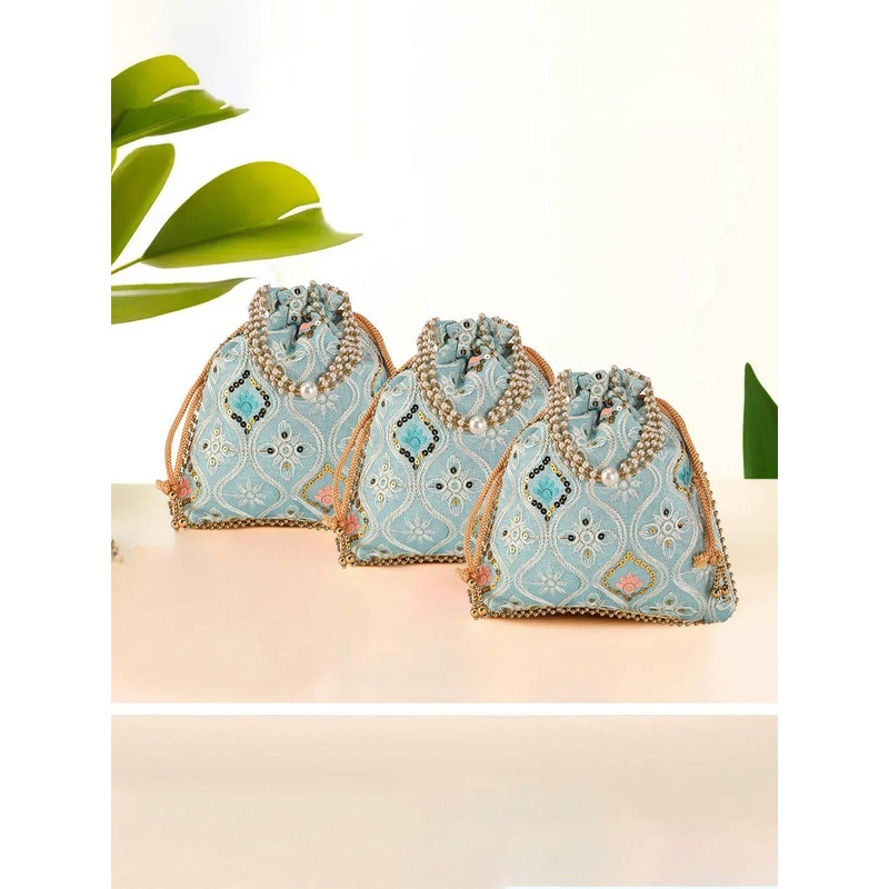 Kuber Industries 3 Pieces Lakhnavi Printed & Embroidered Handle Potli Clutch Pearl Handle