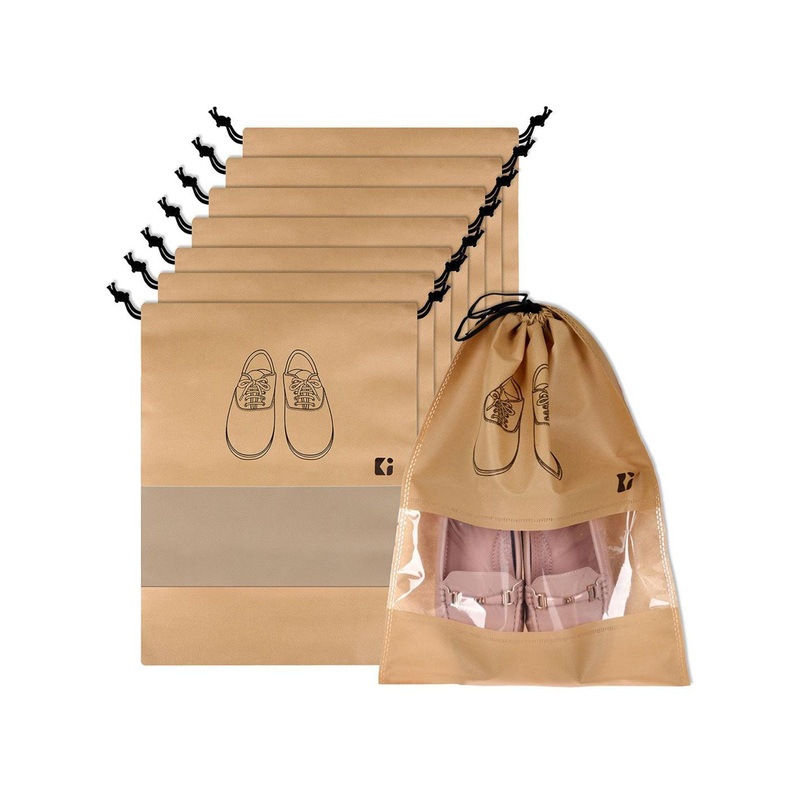 Kuber Industries Beige and Black 8 Pieces Printed Shoe Cover Bags