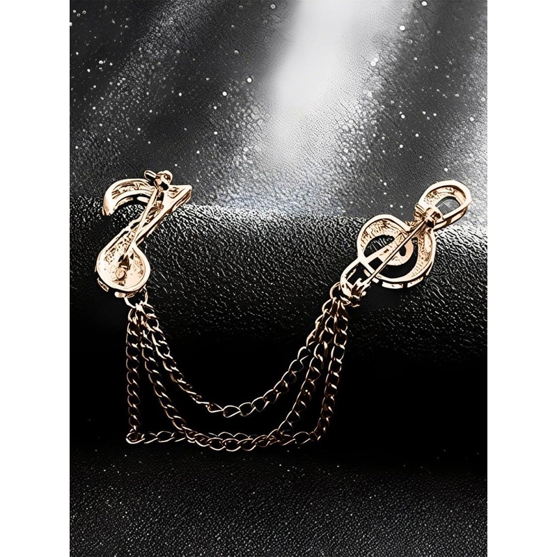 SYGA Men Gold Plated Crystal Studded Chain Tassel Brooch Lapel Pin