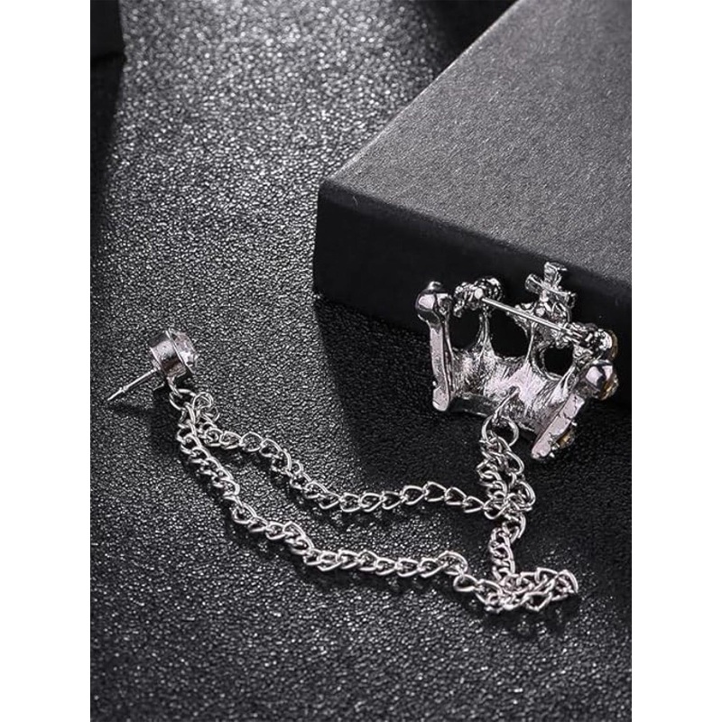 SYGA Men Stones Studded Tassel Crown Brooch With Chain