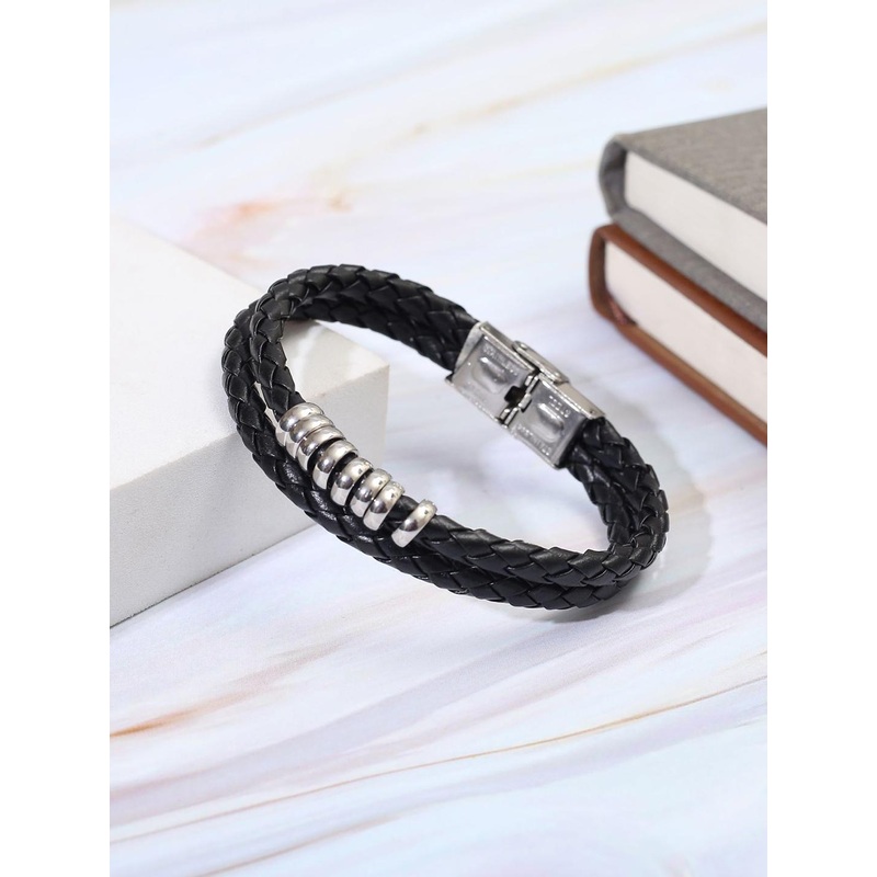The Roadster Lifestyle Co. Men Black Leather Band Wraparound Bracelet