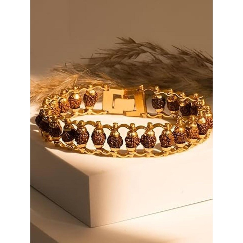 The Roadster Lifestyle Co Men Gold Plated Rudraksha Beaded Bracelet