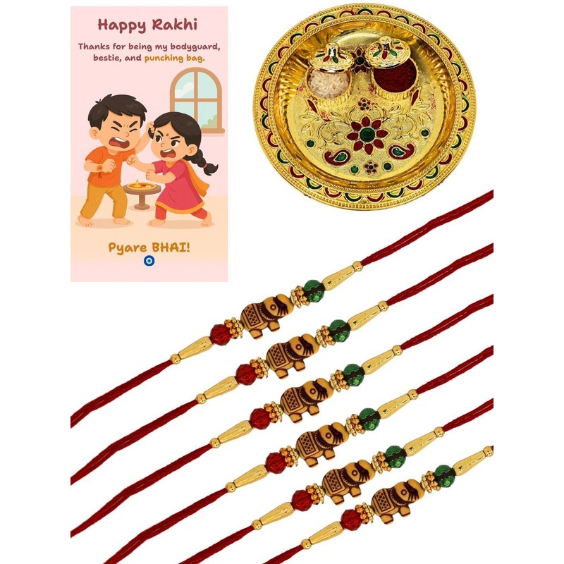 Anouk Set Of 6 Elephant Rakhi With Quirky Card & Thali