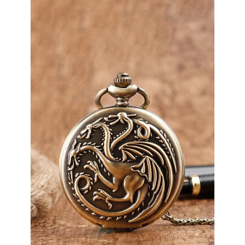 AUGEN Textured Premium Pocket Watch Design Dragon Retro Vintage Key Chain