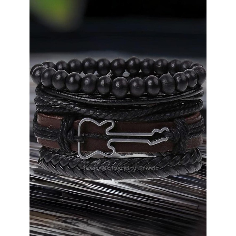 Black Guitar Beaded Wristband Leather Bracelet For Men (Pack of 4)
