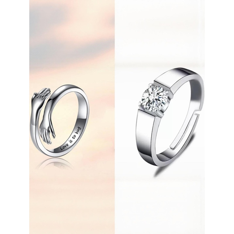 J.S ENTERPRISES Unisex Set of 2 Stainless Steel Hug Design & Stone Finger Rings