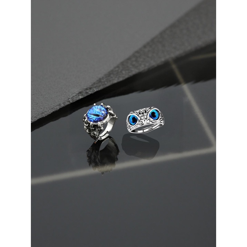 J.S ENTERPRISES Unisex Set of 2 Stainless Steel Owl & Dragon Claw Finger Rings