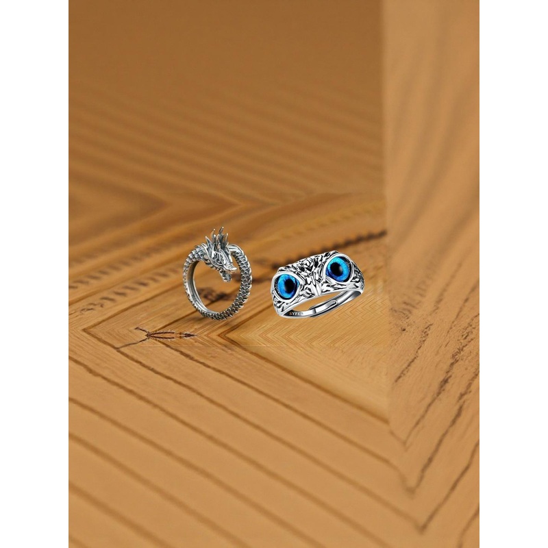 J.S ENTERPRISES Unisex Set of 2 Stainless Steel Oxidised Dragon & Owl Finger Rings