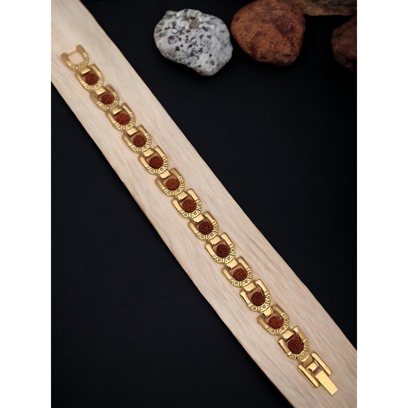 LAKSH Men Stainless Steel Gold-Plated Beaded Rudraksh Link Bracelet