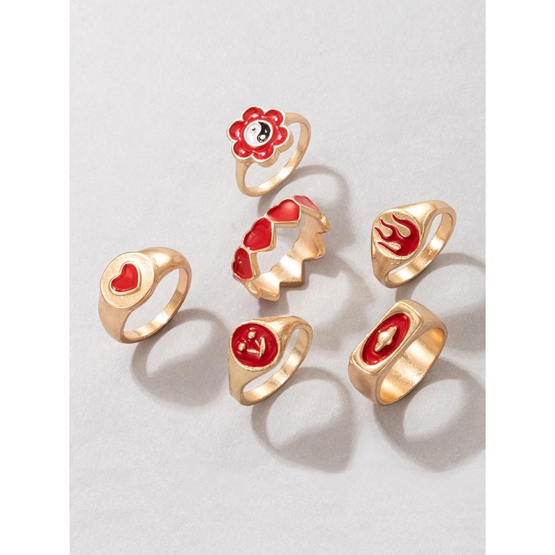 Yellow Chimes Set Of 6 Gold-Plated & Red Enamelled Finger Ring