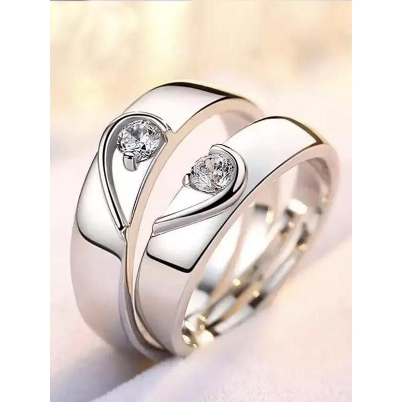 Zoey Unisex Set Of 2 Rhodium-Plated Cubic Zirconia-Studded Adjustable Couple Rings