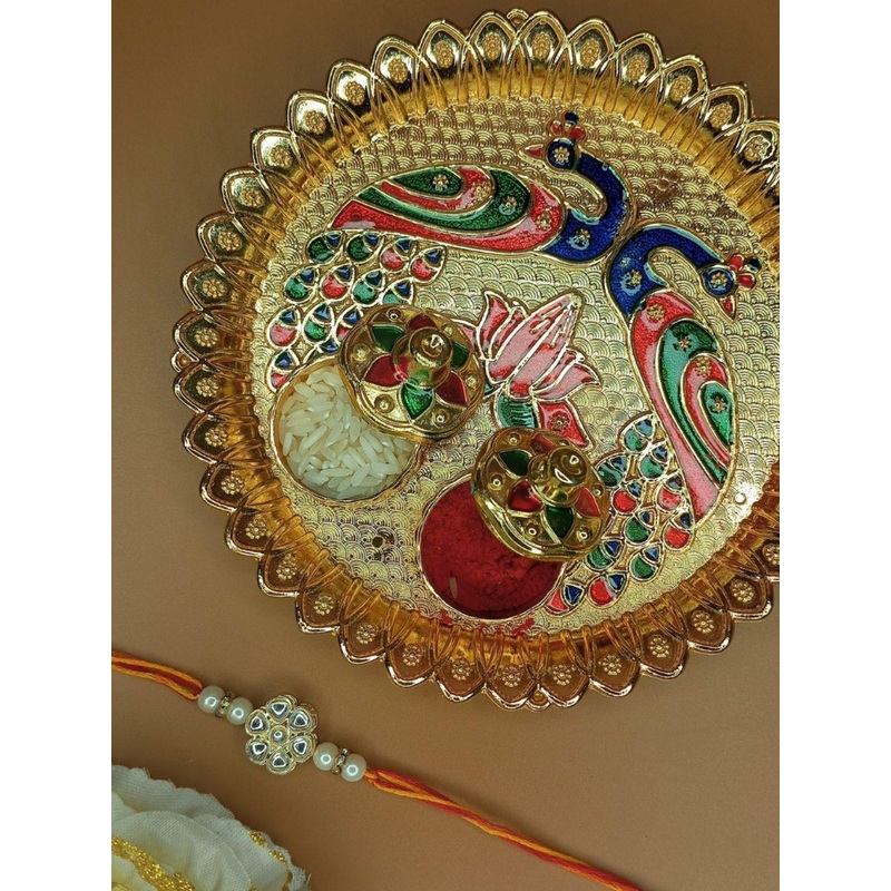 Anouk Beaded Rakhi With Pooja Thali & Roli Chawal & Greetings Card