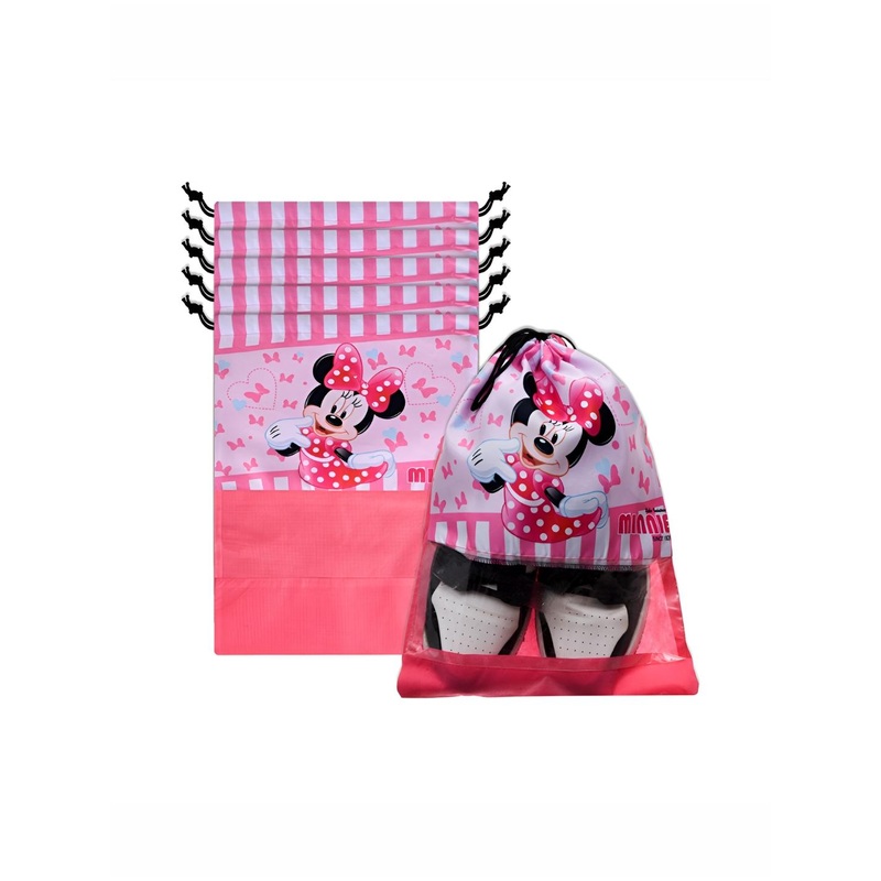 Kuber Industries 6-Pcs Pink & White Minne Mouse Printed Shoe Bags